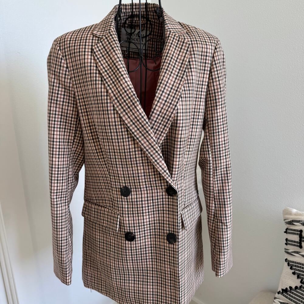 Scotch & Soda Double-Breasted Plaid Tailored Blazer Brown Pink XS NWT
